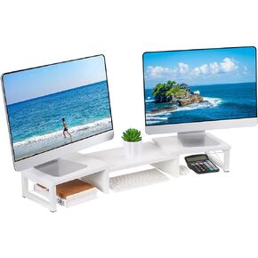 حامل شاشة مزدوج من Giikin - حامل منظم سطح المكتب لشاشتين بطول وزاوية قابلة للتعديل 3 أرفف، حامل متعدد الوظائف يناسب الكمبيوتر والكمبيوتر المحمول والكمبيوتر الشخصي والتلفزيون (أبيض) in Kuwait