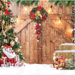 CHAIYA 7x5ft Christmas Backdrop Christmas Barn Wood Door Photography Backdrop Xmas Tree Snow Background Winter Xmas Party Supplies Christmas Family Kids Party Banner in Saudi Arabia
