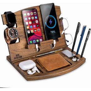 TESLYAR Natural Walnut Wood Phone Docking Station Phone Key Holder Wallet Stand Watch Organizer Men Husband Wife Anniversary Dad Birthday Nightstand Purse Father Graduation in Kuwait