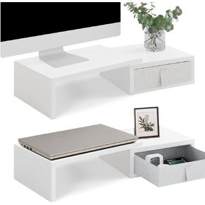 تيمكس حامل شاشة من قطعتين مع درجين - حامل شاشة ابيض قابل للتعديل الطول والزاوية مع مساحة تخزين كبيرة للكمبيوتر لشاشتين / لاب توب / كمبيوتر شخصي / شاشة خشبية/حامل تلفزيون منظم مكتب in Kuwait