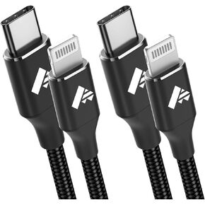 كابل Aioneus USB C إلى Lightning بطول 3 أقدام وعبوتين، معتمد من MFi من النوع C إلى سلك iPhone من النايلون المضفر لشحن سريع لهاتف iPhone 14 13 12 11 Pro Max Mini XR XS 8 SE iPad - أسود in Kuwait