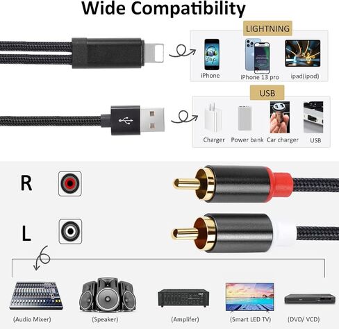 شاحن USB WUSERNING ومنفذ iOS إلى كابل صوت ستيريو RCA، سلك Y مقسم باللونين الأحمر والأبيض متوافق مع iPhone/ipad/iPod متصل بالسيارة ومكبر الصوت والمسرح المنزلي ومكبر الصوت والمزيد. (4.0 قدم) in Kuwait
