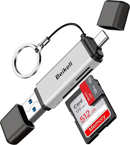 قارئ بطاقة SD، محول قارئ بطاقة الذاكرة Beikell USB 3.0/USB C - يدعم SD/Micro SD/SDXC/SDHC/MMC/RS-MMC/UHS-I، متوافق مع MacBook Pro، وMacBook Air، وiPad Pro، وGalaxy S21 الخ-الفضة in Kuwait