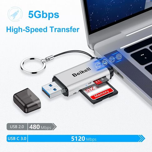 قارئ بطاقة SD، محول قارئ بطاقة الذاكرة Beikell USB 3.0/USB C - يدعم SD/Micro SD/SDXC/SDHC/MMC/RS-MMC/UHS-I، متوافق مع MacBook Pro، وMacBook Air، وiPad Pro، وGalaxy S21 الخ-الفضة in Kuwait
