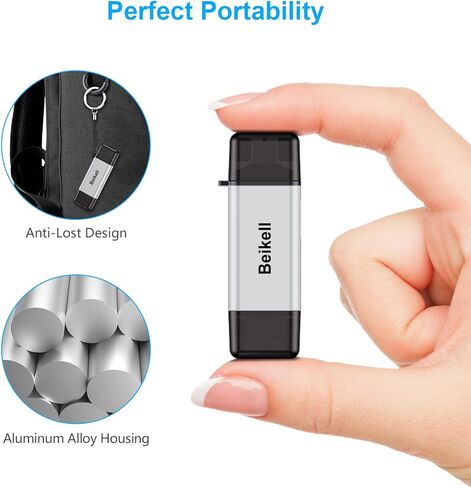 قارئ بطاقة SD، محول قارئ بطاقة الذاكرة Beikell USB 3.0/USB C - يدعم SD/Micro SD/SDXC/SDHC/MMC/RS-MMC/UHS-I، متوافق مع MacBook Pro، وMacBook Air، وiPad Pro، وGalaxy S21 الخ-الفضة in Kuwait