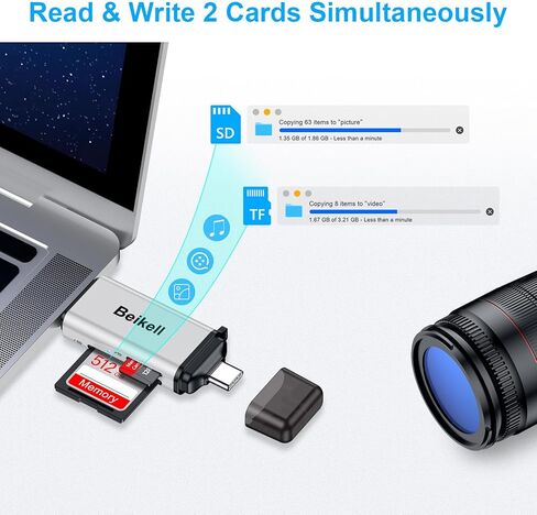 قارئ بطاقة SD، محول قارئ بطاقة الذاكرة Beikell USB 3.0/USB C - يدعم SD/Micro SD/SDXC/SDHC/MMC/RS-MMC/UHS-I، متوافق مع MacBook Pro، وMacBook Air، وiPad Pro، وGalaxy S21 الخ-الفضة in Kuwait