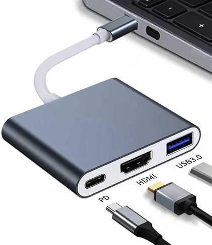 محول USB C الى HDMI متعدد المنافذ، موزع USB C 3 في 1 مع مخرج HDMI 4K ومنفذ USB 3.0 ومنفذ شحن USB-C، محول رقمي ايه في متعدد المنافذ متوافق مع ماك بوك وايباد برو/اير واجهزة USB-C الاخرى in Kuwait