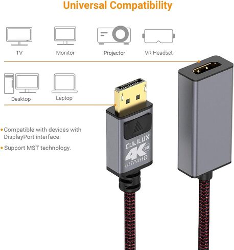 كابل Cubilux 8K DP إلى DP، منفذ عرض مضفر 1.4 ذكر إلى سلك ذكر [8K@60 هرتز 4K@165 هرتز 2K@144 هرتز] متوافق مع Dell، Lenovo، HP، Asus كمبيوتر محمول، كمبيوتر شخصي، شاشة، تلفزيون، 6.6 قدم in Kuwait