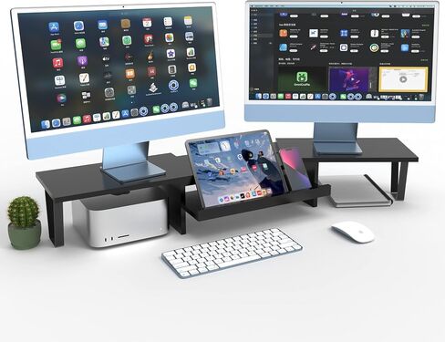 WEGASTU Large Dual Monitor Riser-2 Shelf Monitor Stand With Adjustable Length And Angle,Multi-Purpose Storage Stand Accessories Metal Support Leg,Removable Storage Drawer,Office Desktop Organizer Screen Stand For PC、Computer、Laptop、TV、Printer（Marble Black in Kuwait