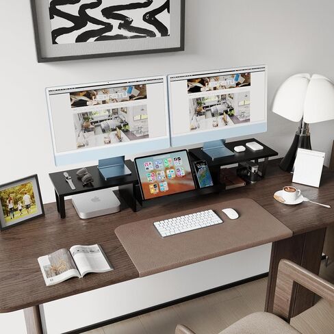 WEGASTU Large Dual Monitor Riser-2 Shelf Monitor Stand With Adjustable Length And Angle,Multi-Purpose Storage Stand Accessories Metal Support Leg,Removable Storage Drawer,Office Desktop Organizer Screen Stand For PC、Computer、Laptop、TV、Printer（Marble Black in Kuwait