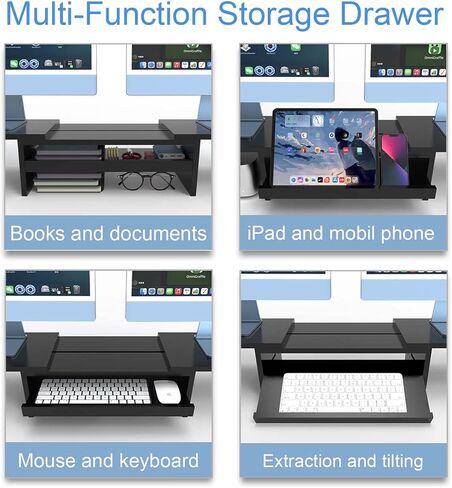 WEGASTU Large Dual Monitor Riser-2 Shelf Monitor Stand With Adjustable Length And Angle,Multi-Purpose Storage Stand Accessories Metal Support Leg,Removable Storage Drawer,Office Desktop Organizer Screen Stand For PC、Computer、Laptop、TV、Printer（Marble Black in Kuwait