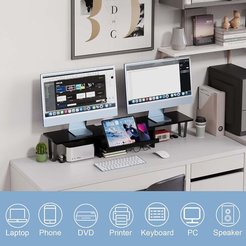 WEGASTU Large Dual Monitor Riser-2 Shelf Monitor Stand With Adjustable Length And Angle,Multi-Purpose Storage Stand Accessories Metal Support Leg,Removable Storage Drawer,Office Desktop Organizer Screen Stand For PC、Computer、Laptop、TV、Printer（Marble Black in Kuwait