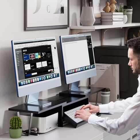 WEGASTU Large Dual Monitor Riser-2 Shelf Monitor Stand With Adjustable Length And Angle,Multi-Purpose Storage Stand Accessories Metal Support Leg,Removable Storage Drawer,Office Desktop Organizer Screen Stand For PC、Computer、Laptop、TV、Printer（Marble Black in Kuwait