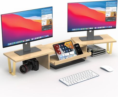 WEGASTU Large Dual Monitor Riser-2 Shelf Monitor Stand With Adjustable Length And Angle,Multi-Purpose Storage Stand Accessories Metal Support Leg,Removable Storage Drawer,Office Desktop Organizer Screen Stand For PC、Computer、Laptop、TV、Printer（Marble Black in Kuwait