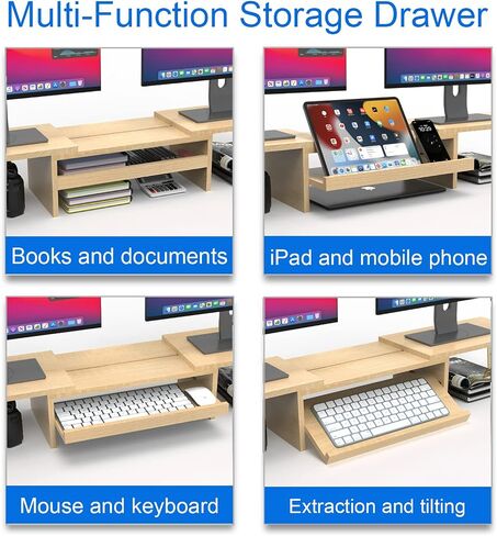 WEGASTU Large Dual Monitor Riser-2 Shelf Monitor Stand With Adjustable Length And Angle,Multi-Purpose Storage Stand Accessories Metal Support Leg,Removable Storage Drawer,Office Desktop Organizer Screen Stand For PC、Computer、Laptop、TV、Printer（Marble Black in Kuwait