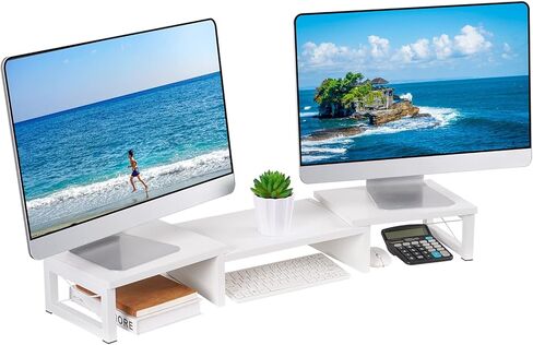 حامل شاشة مزدوج من Giikin - حامل منظم سطح المكتب لشاشتين بطول وزاوية قابلة للتعديل 3 أرفف، حامل متعدد الوظائف يناسب الكمبيوتر والكمبيوتر المحمول والكمبيوتر الشخصي والتلفزيون (أبيض) in Kuwait