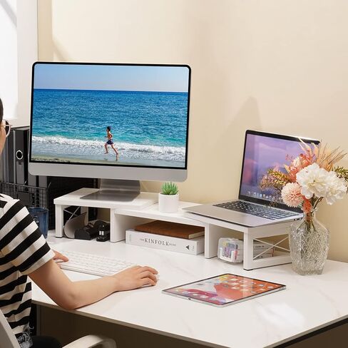 حامل شاشة مزدوج من Giikin - حامل منظم سطح المكتب لشاشتين بطول وزاوية قابلة للتعديل 3 أرفف، حامل متعدد الوظائف يناسب الكمبيوتر والكمبيوتر المحمول والكمبيوتر الشخصي والتلفزيون (أبيض) in Kuwait
