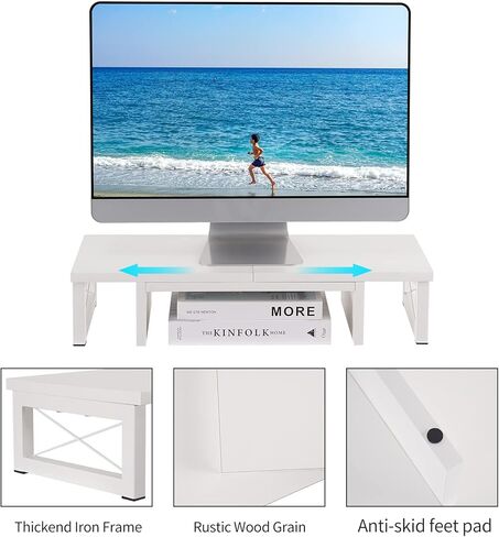 حامل شاشة مزدوج من Giikin - حامل منظم سطح المكتب لشاشتين بطول وزاوية قابلة للتعديل 3 أرفف، حامل متعدد الوظائف يناسب الكمبيوتر والكمبيوتر المحمول والكمبيوتر الشخصي والتلفزيون (أبيض) in Kuwait