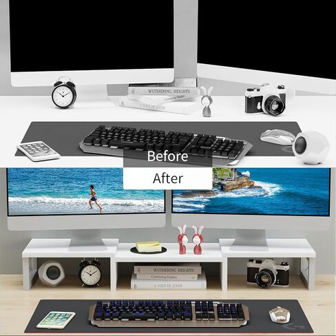 حامل شاشة مزدوج من Giikin - حامل منظم سطح المكتب لشاشتين بطول وزاوية قابلة للتعديل 3 أرفف، حامل متعدد الوظائف يناسب الكمبيوتر والكمبيوتر المحمول والكمبيوتر الشخصي والتلفزيون (أبيض) in Kuwait