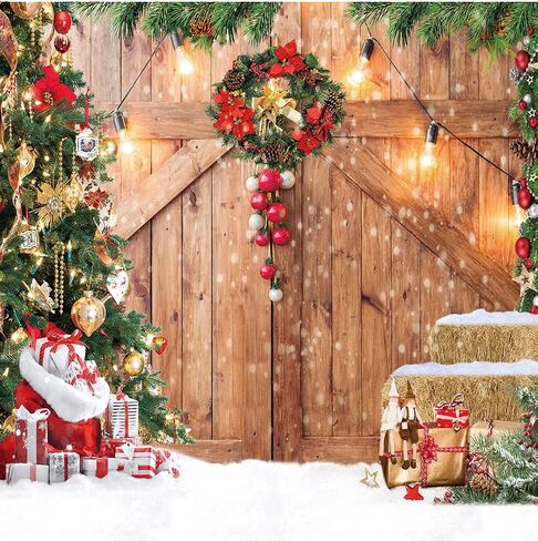 CHAIYA 7x5ft Christmas Backdrop Christmas Barn Wood Door Photography Backdrop Xmas Tree Snow Background Winter Xmas Party Supplies Christmas Family Kids Party Banner in Saudi Arabia