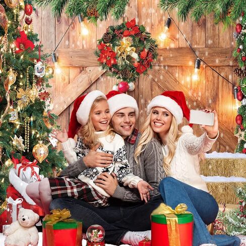 CHAIYA 7x5ft Christmas Backdrop Christmas Barn Wood Door Photography Backdrop Xmas Tree Snow Background Winter Xmas Party Supplies Christmas Family Kids Party Banner in Saudi Arabia