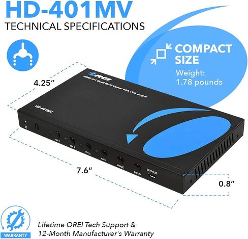 OREI 4K HDMI Multi Viewer 2 in 1 Out Switcher 2 Ports Seamless IR Remote Support 4K @ 60 هرتز 1080P لـ PS4/PC/DVD/كاميرا الأمان HDMI Switch مخرج الصوت البصري L/R - (UHD-201MV) in Saudi Arabia