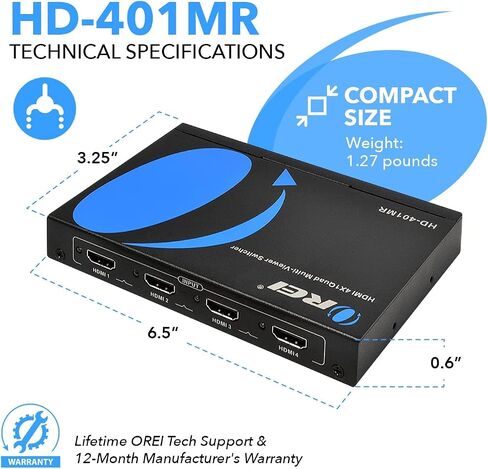 OREI 4K HDMI Multi Viewer 2 in 1 Out Switcher 2 Ports Seamless IR Remote Support 4K @ 60 هرتز 1080P لـ PS4/PC/DVD/كاميرا الأمان HDMI Switch مخرج الصوت البصري L/R - (UHD-201MV) in Saudi Arabia
