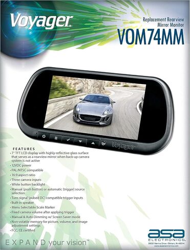 شاشة مرآة الرؤية الخلفية Voyager VOM74MM، شاشة TFT LCD مقاس 7 بوصة مع سطح زجاجي عاكس للغاية يعمل عندما لا تكون الكاميرا الاحتياطية نشطة، 3 مدخلات، مكبر صوت مدمج (متجدد) أسود in Saudi Arabia