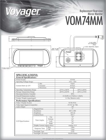 شاشة مرآة الرؤية الخلفية Voyager VOM74MM، شاشة TFT LCD مقاس 7 بوصة مع سطح زجاجي عاكس للغاية يعمل عندما لا تكون الكاميرا الاحتياطية نشطة، 3 مدخلات، مكبر صوت مدمج (متجدد) أسود in Saudi Arabia