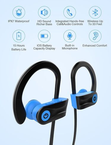 Otium Bluetooth Headphones, Wireless Sports Earbuds, Waterproof IPX7 w/Mic, HD Stereo in-Ear Earphones, Case, Fast Pairing, Gym Running Workout, 16 Hrs Battery Noise Cancelling Headsets in Kuwait
