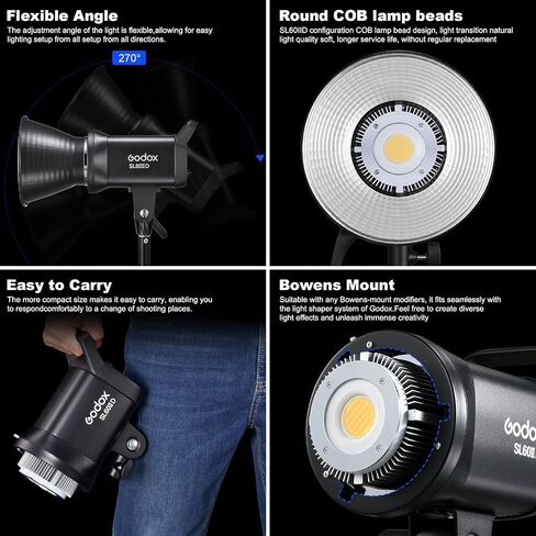 Godox SL60IID 70Ws Photography Video Light 5600±200K، CRI96+، TLCI97+، مدمج 8 تأثيرات FX، التحكم في تطبيق Bluetooth Bowens Mount SL-60 إضاءة الإخراج المستمر لتصوير منتجات الاستوديو in Saudi Arabia