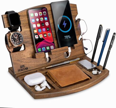 TESLYAR Natural Walnut Wood Phone Docking Station Phone Key Holder Wallet Stand Watch Organizer Men Husband Wife Anniversary Dad Birthday Nightstand Purse Father Graduation in Kuwait