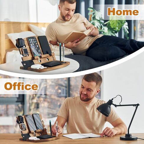 TESLYAR Natural Walnut Wood Phone Docking Station Phone Key Holder Wallet Stand Watch Organizer Men Husband Wife Anniversary Dad Birthday Nightstand Purse Father Graduation in Kuwait