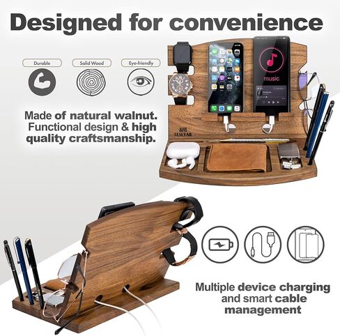 TESLYAR Natural Walnut Wood Phone Docking Station Phone Key Holder Wallet Stand Watch Organizer Men Husband Wife Anniversary Dad Birthday Nightstand Purse Father Graduation in Kuwait