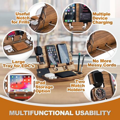 TESLYAR Natural Walnut Wood Phone Docking Station Phone Key Holder Wallet Stand Watch Organizer Men Husband Wife Anniversary Dad Birthday Nightstand Purse Father Graduation in Kuwait