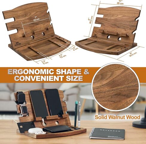 TESLYAR Natural Walnut Wood Phone Docking Station Phone Key Holder Wallet Stand Watch Organizer Men Husband Wife Anniversary Dad Birthday Nightstand Purse Father Graduation in Kuwait