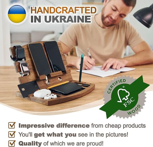 TESLYAR Natural Walnut Wood Phone Docking Station Phone Key Holder Wallet Stand Watch Organizer Men Husband Wife Anniversary Dad Birthday Nightstand Purse Father Graduation in Kuwait