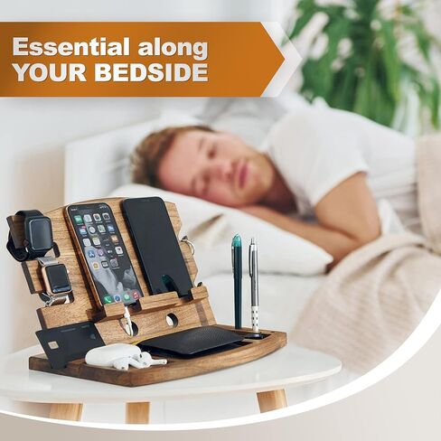 TESLYAR Natural Walnut Wood Phone Docking Station Phone Key Holder Wallet Stand Watch Organizer Men Husband Wife Anniversary Dad Birthday Nightstand Purse Father Graduation in Kuwait