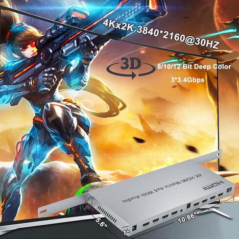 مصفوفة HDMI 4K، محول فاصل HDMI صوتي 4X4، 4 HDMI في 4 مخرج HDMI HDMI 1.4، محول صوت 3.5 مم وEDID، يدعم جهاز التحكم عن بعد بالأشعة تحت الحمراء، ضغطة زر، RS232، 4k@30HZ، 1080P 3D، HDCP، YUV 4:4 :4 in Kuwait