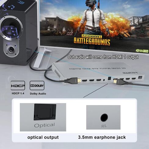 مصفوفة HDMI 4K، محول فاصل HDMI صوتي 4X4، 4 HDMI في 4 مخرج HDMI HDMI 1.4، محول صوت 3.5 مم وEDID، يدعم جهاز التحكم عن بعد بالأشعة تحت الحمراء، ضغطة زر، RS232، 4k@30HZ، 1080P 3D، HDCP، YUV 4:4 :4 in Kuwait