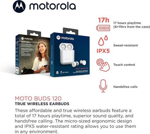Motorola Moto Buds 120 - سماعات أذن بلوتوث لاسلكية حقيقية مع ميكروفون وحقيبة شحن مدمجة - مقاومة للماء IPX5، تحكم صوتي وذكي باللمس، خفيفة الوزن ومريحة، صوت واضح - أسود in Kuwait