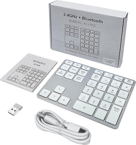 لوحة ارقام بلوتوث من ام سي سايت، لوحة مفاتيح رقمية لاسلكية متعددة الاجهزة، وضع مزدوج 3 في 1 (BT1+BT2+USB) محمول ورفيع 10 مفاتيح للابتوب وماك بوك اير/برو واي ماك وسيرفس برو - فضي in Kuwait
