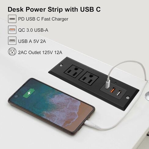 20W Recessed Power Strip USB C Fast Charge Desk Power Outlet Type C Flush Mounted Extension Power Plug for Conference Countertop Desktop Drawer Sofa ETL Listed (Black) in Saudi Arabia