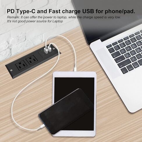 20W Recessed Power Strip USB C Fast Charge Desk Power Outlet Type C Flush Mounted Extension Power Plug for Conference Countertop Desktop Drawer Sofa ETL Listed (Black) in Saudi Arabia