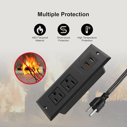 20W Recessed Power Strip USB C Fast Charge Desk Power Outlet Type C Flush Mounted Extension Power Plug for Conference Countertop Desktop Drawer Sofa ETL Listed (Black) in Saudi Arabia
