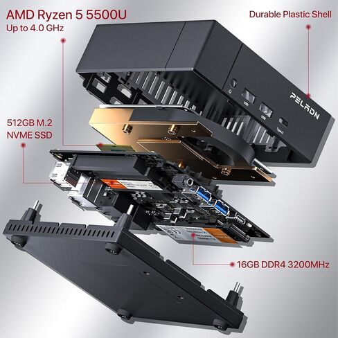 PELADN HA-3 كمبيوتر صغير، AMD Ryzen 5 5500U (6C/12T حتى 4.0 جيجا هرتز)، 16 جيجا DDR4 3200 ميجا هرتز، 512 جيجا NVME SSD، Win 11 Pro، 4K@60 هرتز HDMI 2.0، شبكة LAN مزدوجة، WiFi 5، بلوتوث 4.2، سطح مكتب صغير الحجم أجهزة الكمبيوتر. in Kuwait