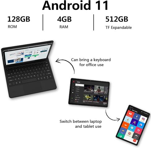 ZONKO 2023 Newest 2 in 1 Tablet 4GB+128 Storage+512GB Expand 10 inch Android 11, Octa Core Processor, HD Touchscreen,13MP Dual Camera, GMS Tablet with Detachable Keyboard in Kuwait
