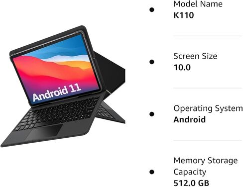 ZONKO 2023 Newest 2 in 1 Tablet 4GB+128 Storage+512GB Expand 10 inch Android 11, Octa Core Processor, HD Touchscreen,13MP Dual Camera, GMS Tablet with Detachable Keyboard in Kuwait