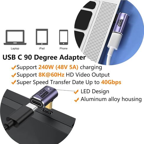 YUNKOZAND USB C 90 Degree Adapter,USB C Right Angle Adapter with 40 Gbps PD 240W 8K@60hz Video Charge,Compatible for MacBook Pro/Air,Steam Deck,Switch,VR and More Type C Devices (B-2 Pack) in Saudi Arabia