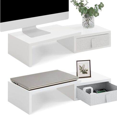 تيمكس حامل شاشة من قطعتين مع درجين - حامل شاشة ابيض قابل للتعديل الطول والزاوية مع مساحة تخزين كبيرة للكمبيوتر لشاشتين / لاب توب / كمبيوتر شخصي / شاشة خشبية/حامل تلفزيون منظم مكتب in Kuwait